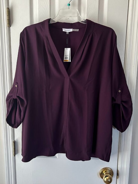 Calvin Klein Tops - NWT Calvin Klein Modern Essentials Blouse 3X Burgundy Plum Wine Roll Tab Sleeve